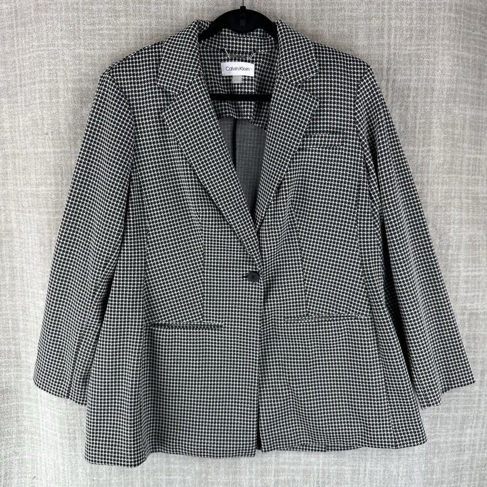 Calvin Klein Blazer Womens 1X Black Mid-Length Collared Lined Pockets Check